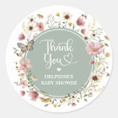 Sticker Rond Fleur sauvage vert sauge papillon douche Merci (Devant)