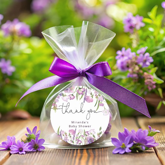 Sticker rond Fleur sauvage violet Merci classique