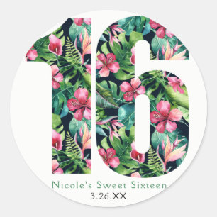 Sticker Rond Fleur Tropicale Douce 16 Hawaïen Anniversaire 16 a