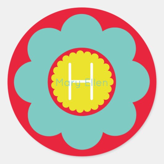 Sticker Rond Fleur Turquoise claire et jaune sur Monogramme rou (Devant)