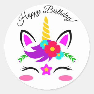 Sticker Rond Fleur Unicorne Rose violet mou Joyeux anniversaire