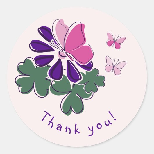 Sticker Rond Fleur violette papillon rose doodle Merci! (Devant)