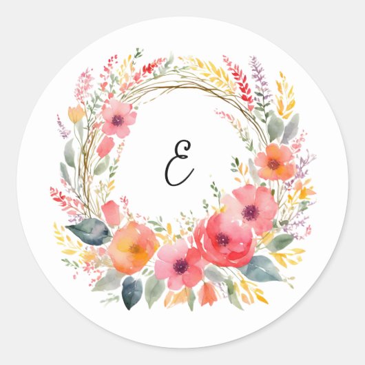 Sticker Rond Fleur Wreath Élégant Joli Aquarelle Monogramme (Devant)