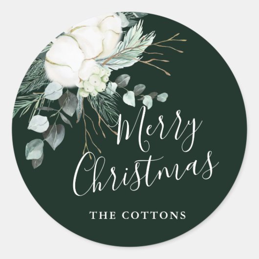 Sticker Rond Fleurs à feuillage persistant et coton Joyeux Noël (Devant)