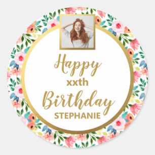 Sticker Rond Fleurs à l'aquarelle, Photo personnalisée, Joyeux