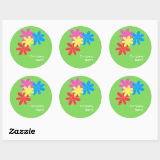 STICKER ROND FLEURS ABSTRAITES COLORÉES VERT BLEU ROUGE NOM