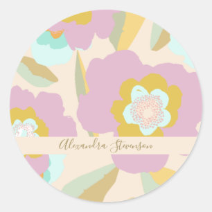 Sticker Rond Fleurs Abstraites Pastel Floral Nom personnalisé