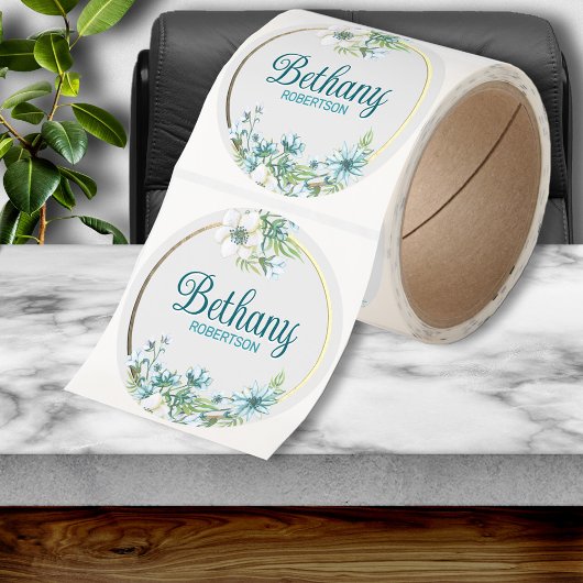 Sticker Rond Fleurs aquarelle avec accent de feuille d'or perso