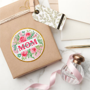 Sticker Rond Fleurs Aquarelle Élégantes "MAMAN JE T'AIME" Mère
