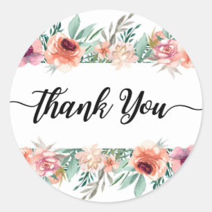 Sticker Rond Fleurs Aquarelle Rose Pêche Moderne Merci