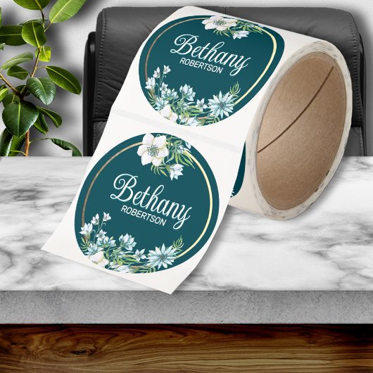 Sticker Rond Fleurs aquarelles avec accent de feuille d'or pers