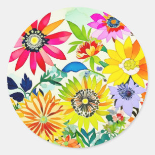 Sticker Rond Fleurs aquarelles en rose et jaune