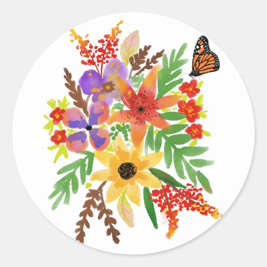Sticker Rond Fleurs aquarelles orange rouge papillon  (Devant)