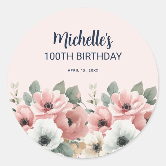 Sticker Rond Fleurs aquarelles rose blanc 100e anniversaire (Devant)