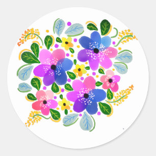 Sticker Rond Fleurs aquarelles rose violet bleu 