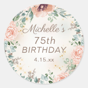 Sticker Rond Fleurs aquarelles roses élégantes pour 75e anniver