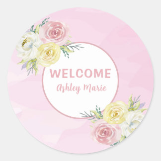 Sticker Rond Fleurs aquarelles roses personnalisables Bienvenue