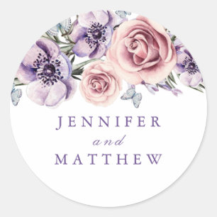 Sticker Rond Fleurs aquarelles violettes romantiques