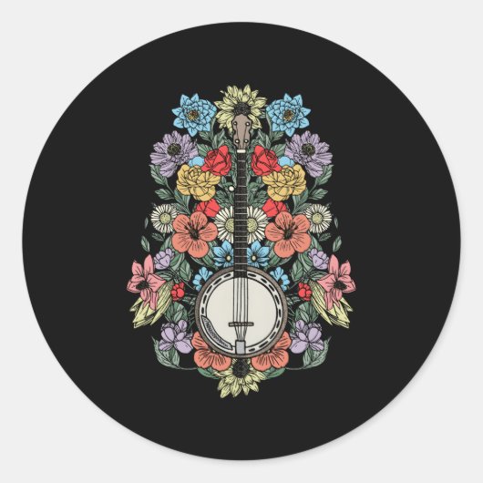 Sticker Rond Fleurs Banjo à cordes Bluegrass Folk Floral (Devant)