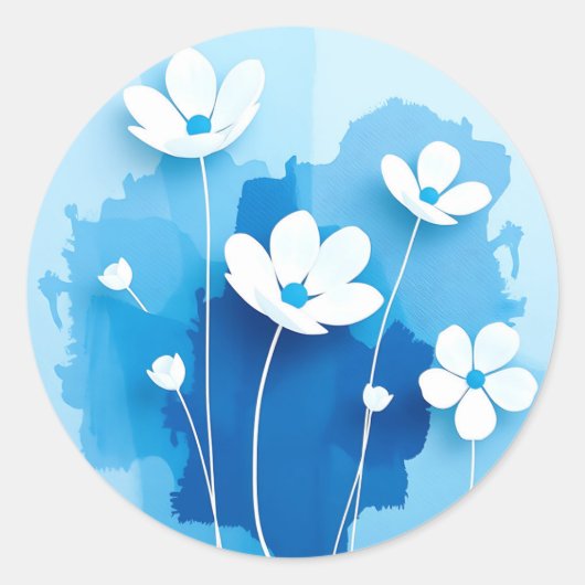 Sticker Rond Fleurs blanches Abstraites Arrière - plan bleu cla (Devant)