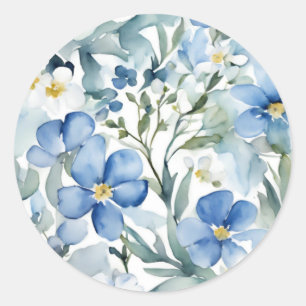 Sticker Rond Fleurs Blanches Bleues Aquarelle Chic