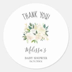 Sticker Rond Fleurs Blanches Et Baby shower De Merci Verdoyant