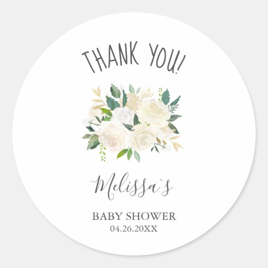 Sticker Rond Fleurs Blanches Et Baby shower De Merci Verdoyant (Devant)