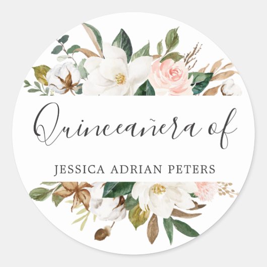 Sticker Rond Fleurs blanches et bleues Quinceanera Party Favori (Devant)