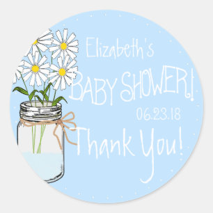 Sticker Rond Fleurs blanches Mason Jar Baby shower bleu Merci