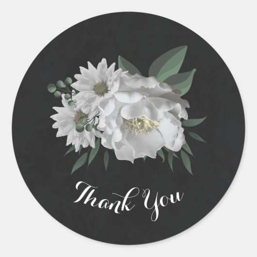 Sticker Rond fleurs blanches romantiques & feuilles verts noir (Devant)