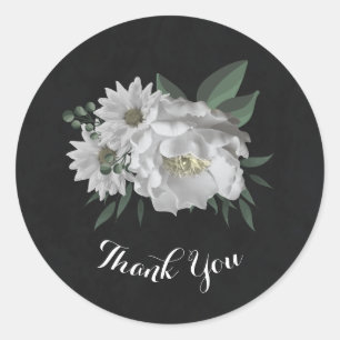 Sticker Rond fleurs blanches romantiques & feuilles verts noir