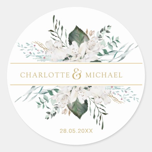 Sticker Rond Fleurs blanches simples et élégantes mariage (Devant)