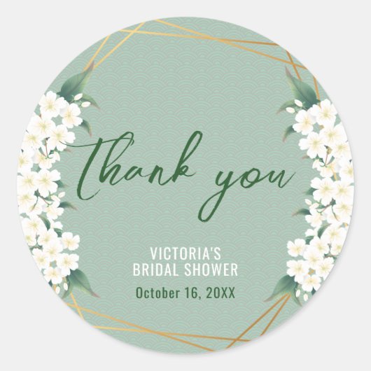 Sticker Rond Fleurs blanches Vert sauge Cadre doré (Devant)