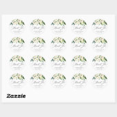 Sticker Rond Fleurs Blanches Vertes Calligraphie Merci (Feuille)
