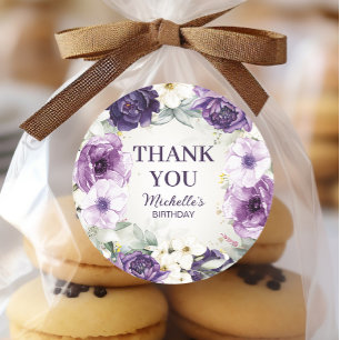 Sticker Rond Fleurs blanches violettes Paillettes Anniversaire 