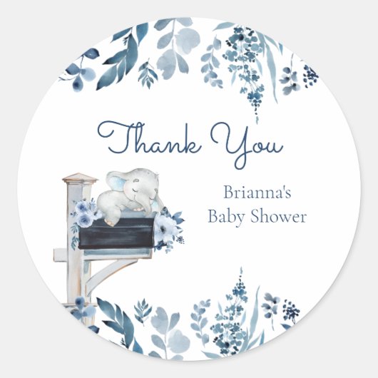 Sticker Rond Fleurs bleu éléphant Baby shower par courrier (Devant)