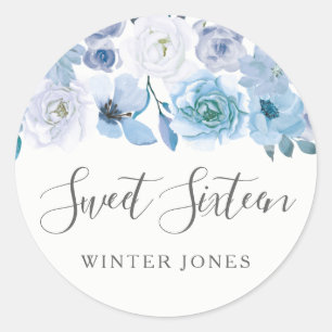 Sticker Rond Fleurs Bleues Blancs Douce 16 Fête Faveur Sceau