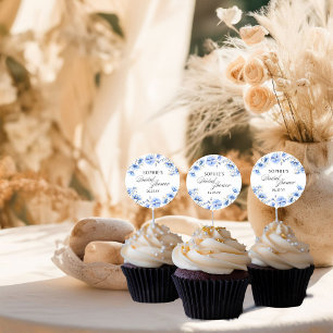 Sticker Rond Fleurs Bleues Calligraphie Florale Baby Shower de 