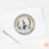 Sticker Rond Fleurs bleues et fer à cheval rustique (Enveloppe)