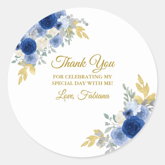 Sticker Rond Fleurs bleues et or (Devant)