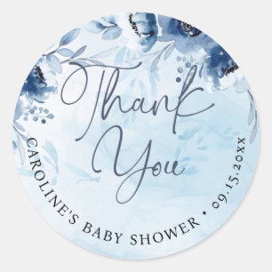 Sticker Rond Fleurs bleues modernes Boy Baby shower Merci