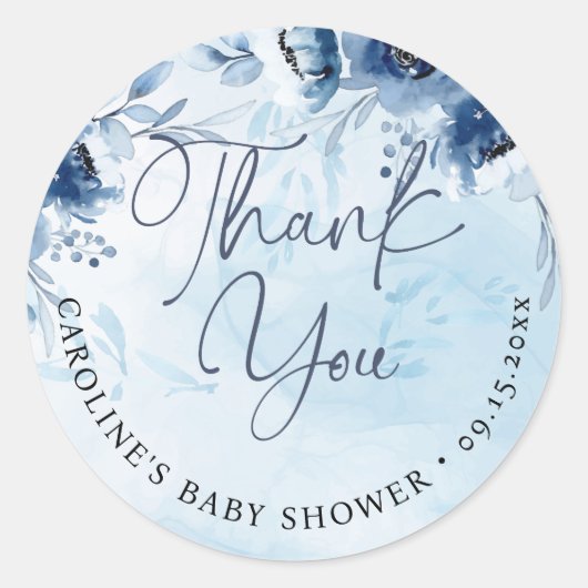 Sticker Rond Fleurs bleues modernes Boy Baby shower Merci (Devant)