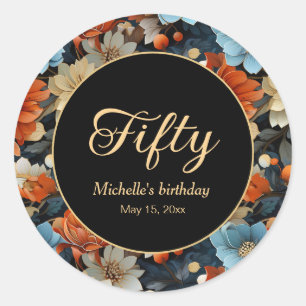 Sticker Rond Fleurs Bleues Oranges Noir 50e anniversaire n'impo
