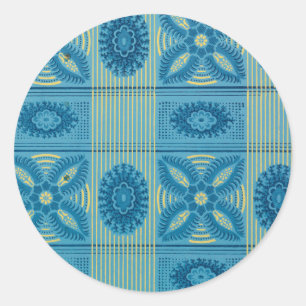 Sticker Rond Fleurs bleues rayures jaunes Motif d'art vintage