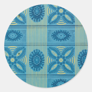Sticker Rond Fleurs bleues rayures jaunes Motif d'art vintage