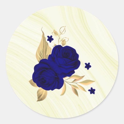 Sticker Rond fleurs bleues royales or marbre feuille (Devant)