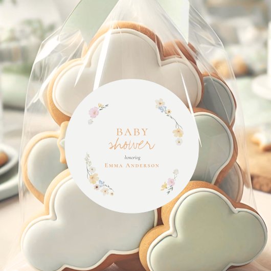 Sticker Rond fleurs bohèmes botaniques Script baby shower