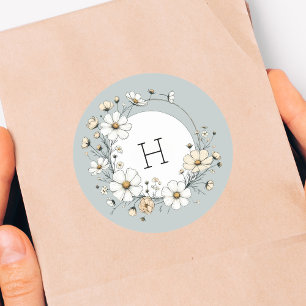 Sticker Rond Fleurs Boho Monogramme Vert Sauge Personnalisées