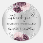 Sticker Rond Fleurs bordeaux argentées coeur merci mariage (Devant)