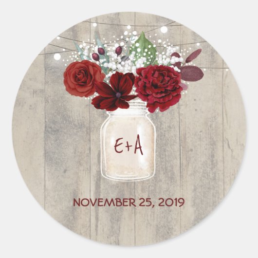Sticker Rond Fleurs Bourgogne Mason Jar Mariage rustique (Devant)